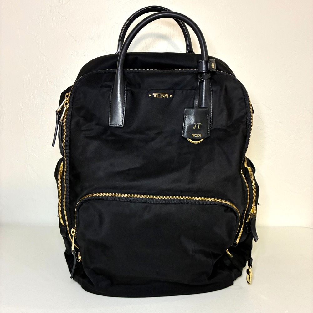 Tumi Voyageur Carson Backpack Black Nylon Gold Hardware Laptop Travel Business